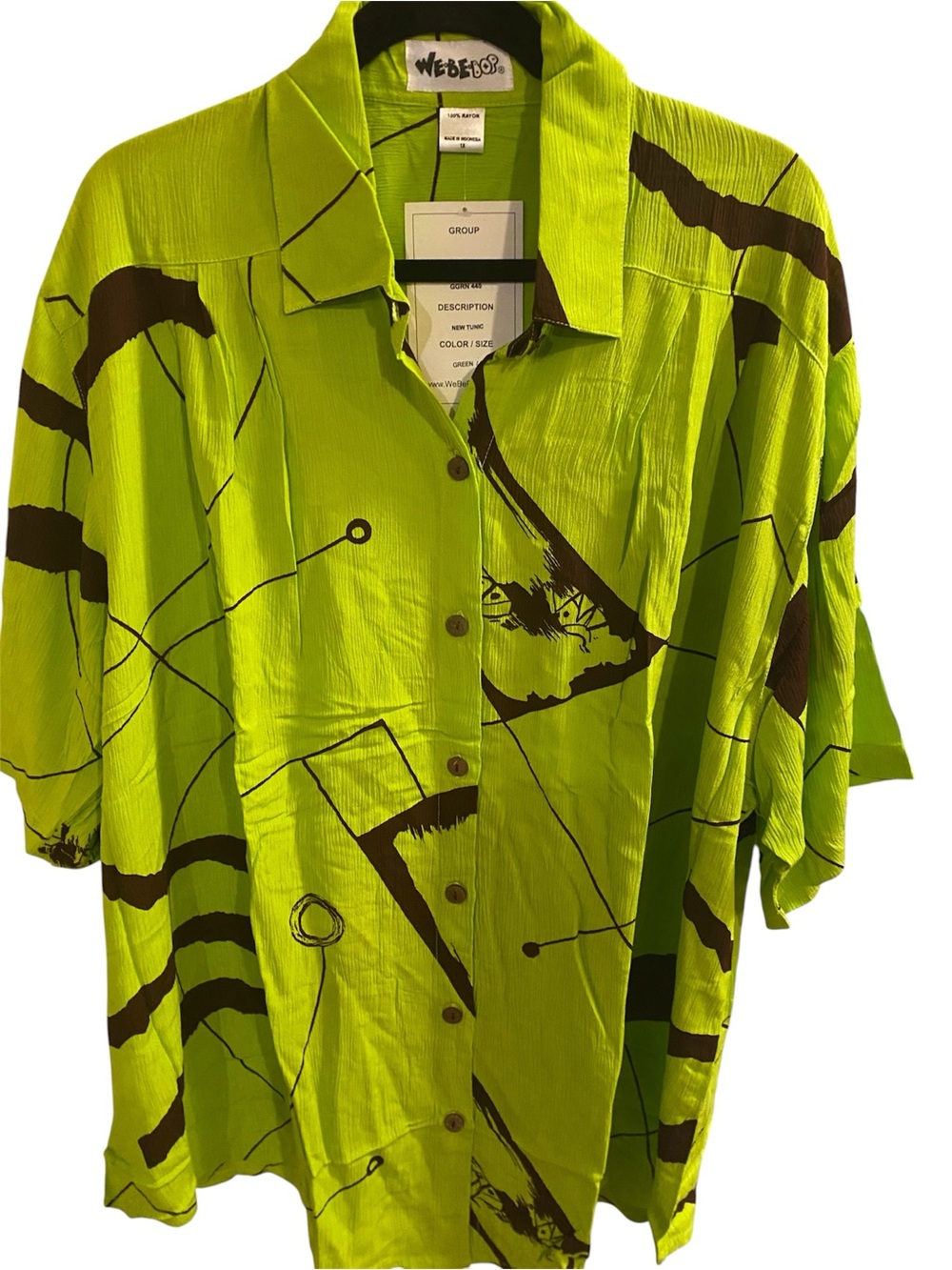 We Be Bop ~Lime Green/Brown Abstract Print Button-Down Shirt
Size 1X
New